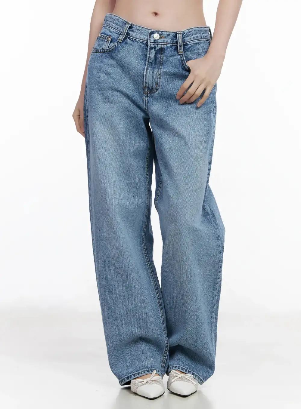 Stitch-Detail Vintage Wash Wide Leg Jeans