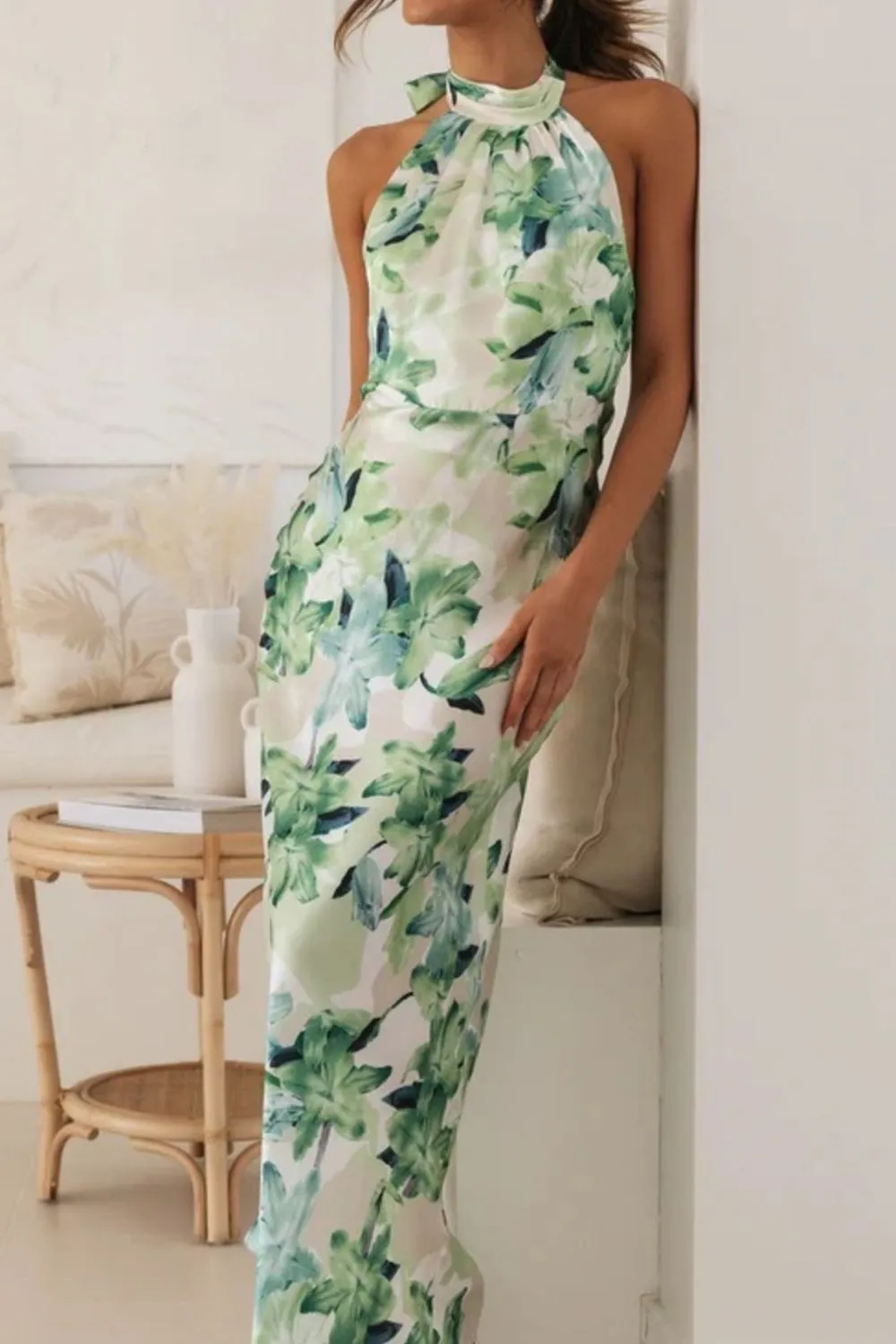 Soft Floral Print Halter Neck Maxi Dress