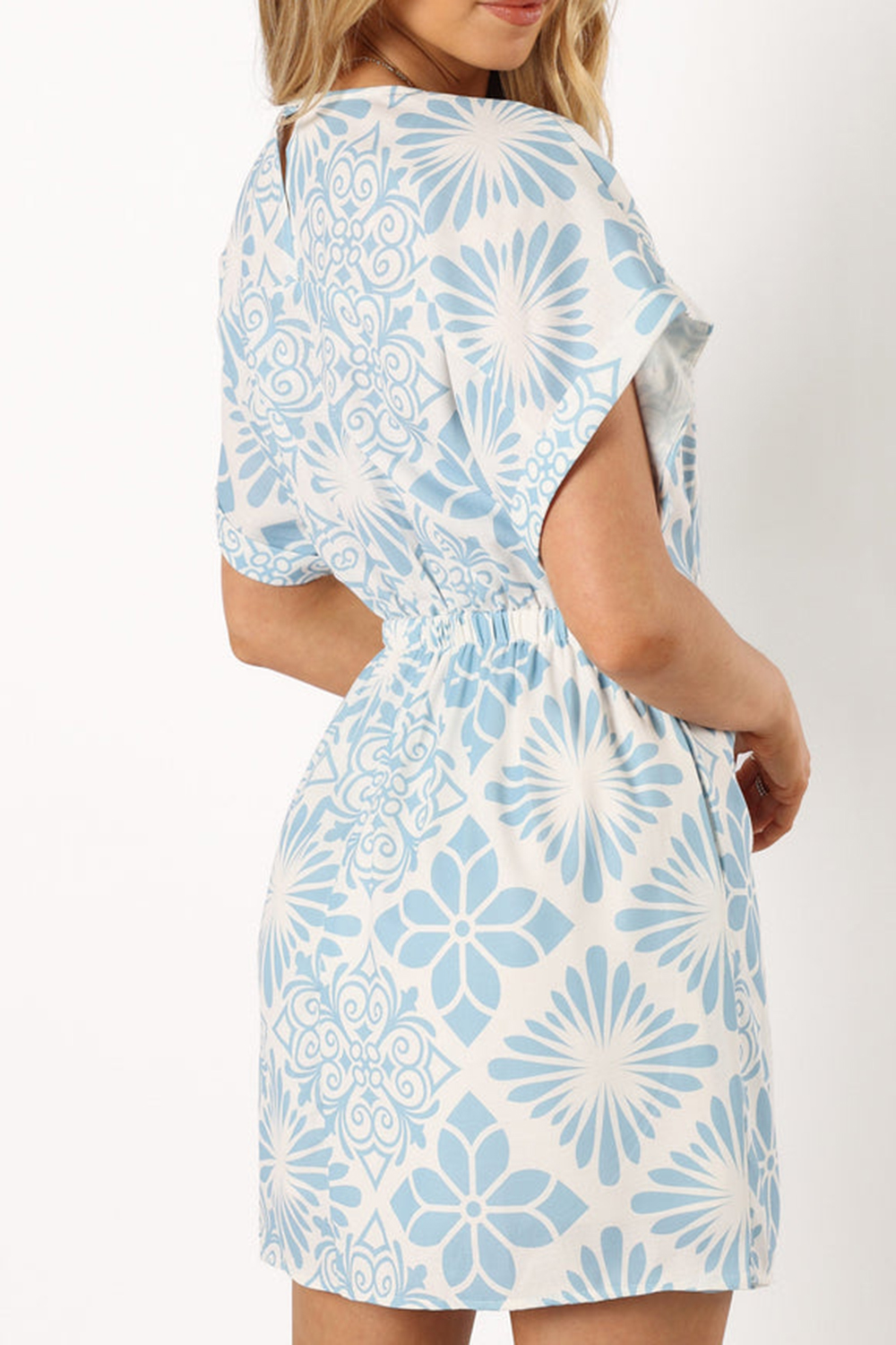 BLUE PRINT WRAP MINI DRESS
