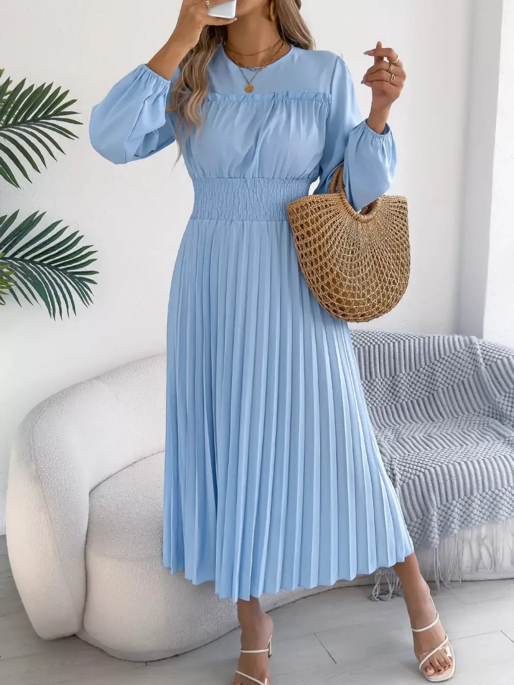 Pleated Smocked Long Sleeve Midi Dress