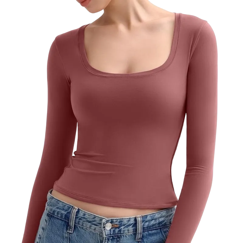 Women‘s Scoop Neck Long Sleeve Top Double Layer Slimfit Fall Outfits
