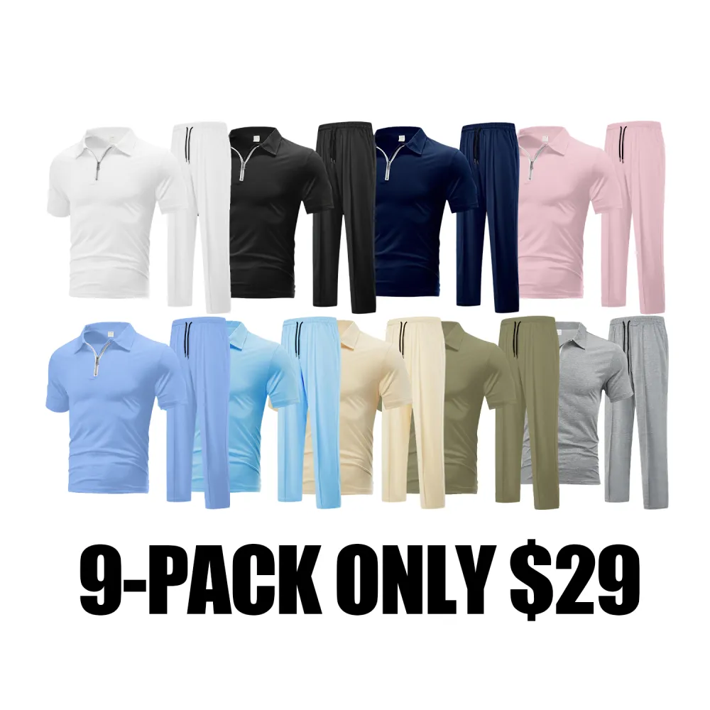 Men's Plain Half Zip Up Shortsleeve Polo Shirt & Drawstring Waist Pants Two-piece Set