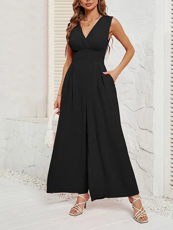 Losse Mouwloze Geplooide Jumpsuits Met Split Joint V