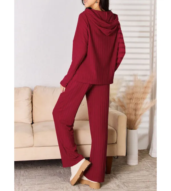 Basic Ribbed Drawstring Hood Top and Straight Pants Set
