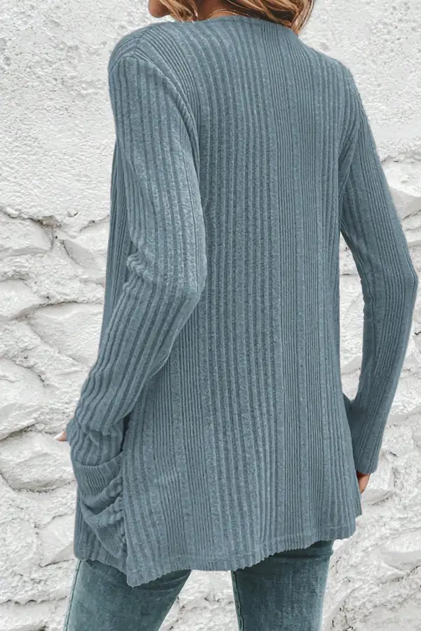 Ribbed Open Front Knit Top Pocketed Knit Cardigan