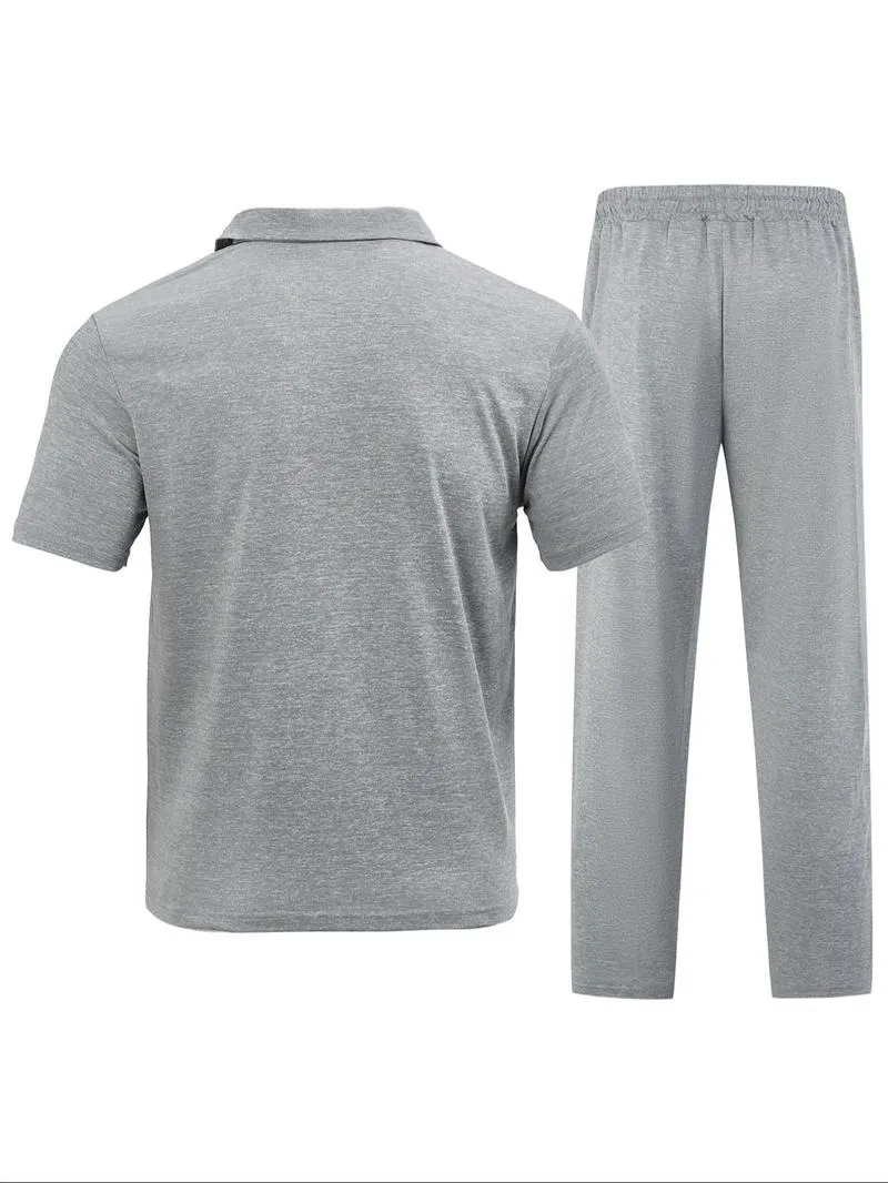 Men's Plain Half Zip Up Shortsleeve Polo Shirt & Drawstring Waist Pants Two-piece Set