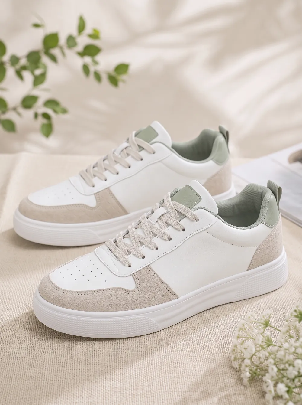 Men's Casual Minimalist Sage Green Suede Patchwork Printed Sneakers