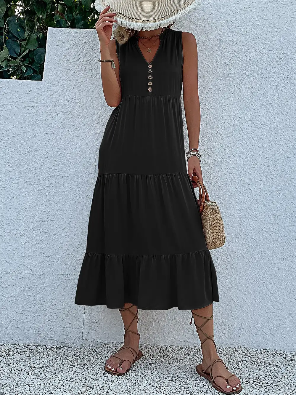 Notch-Neck Buttoned Sleeveless Tiered Midi Dress