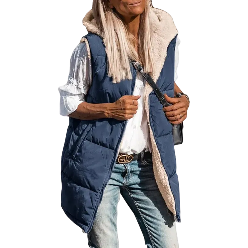 Women's military green double-faced fleece vest with pockets and a hood, long zip-up coat