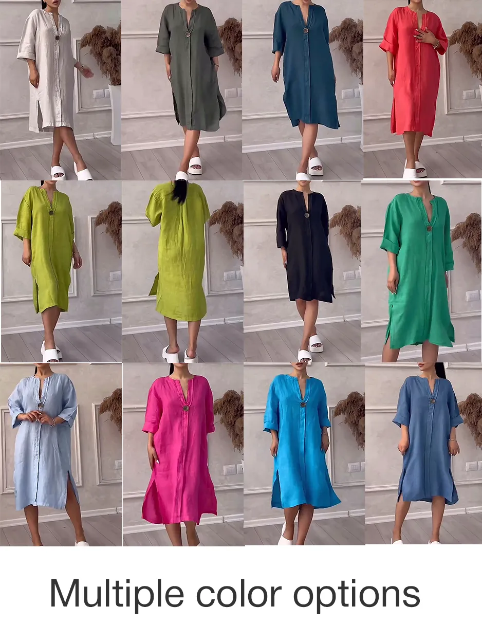 11 PACK Women'S Solid Color Casual Cotton And Linen Dress