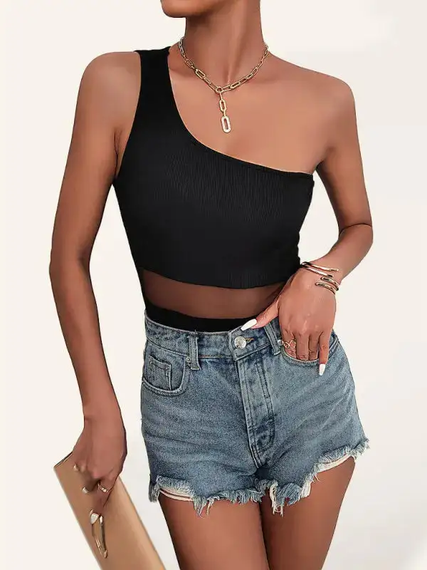 Clean Tight Mesh Sleeveless One Shoulder Jumpsuit