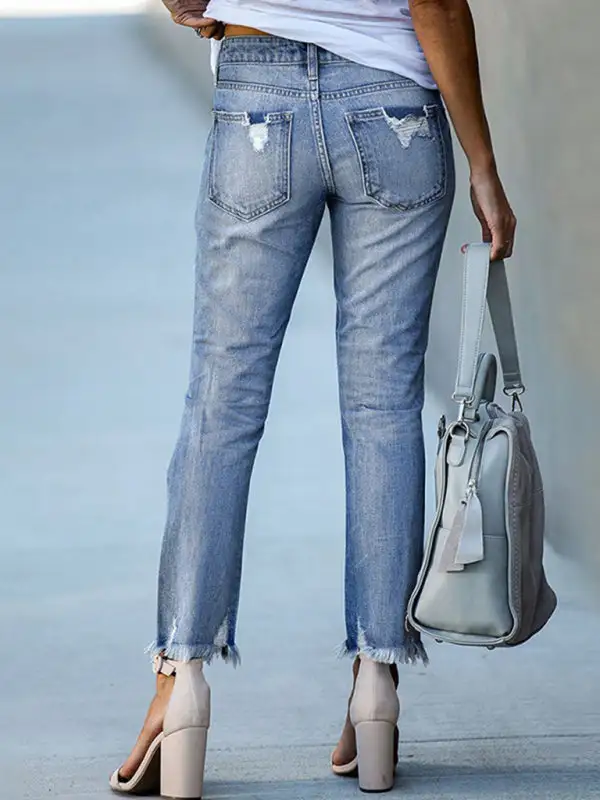 Straight Leg Ripped Denim Jeans