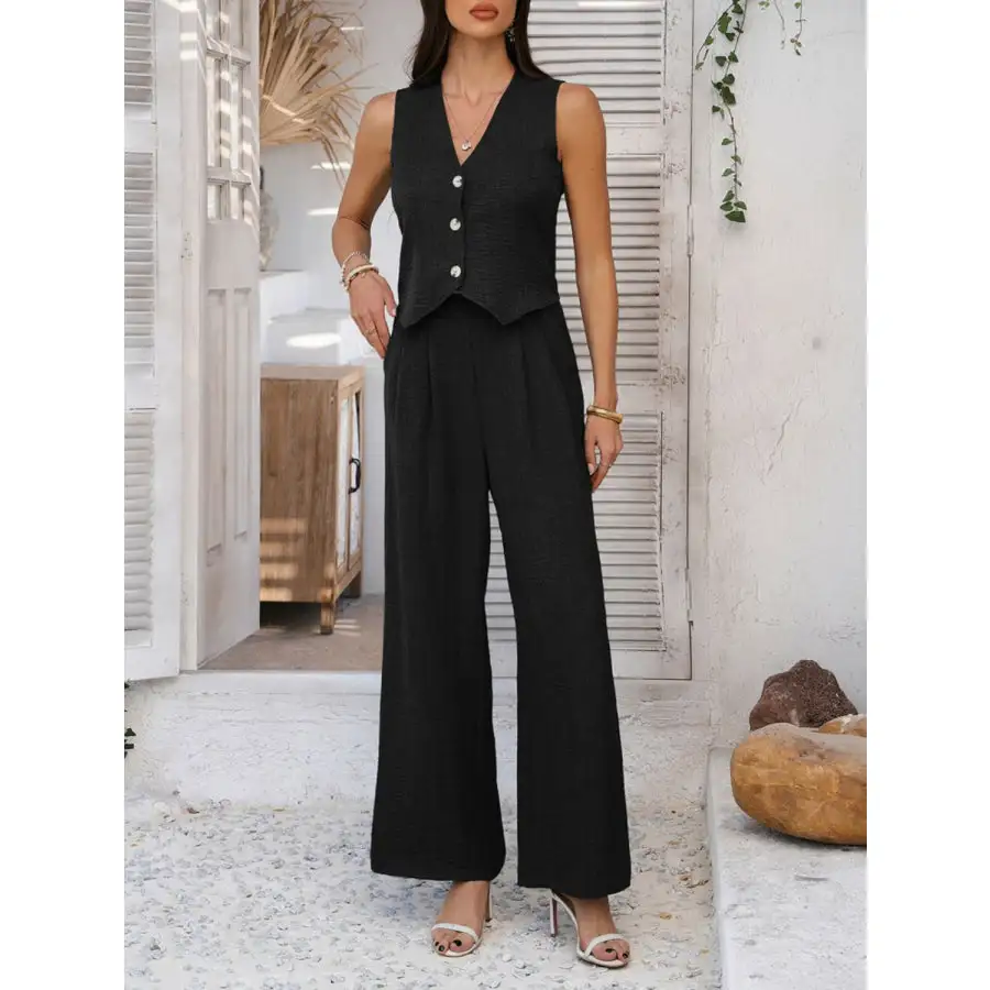 Button Down Vest and Wide Leg Pants Set