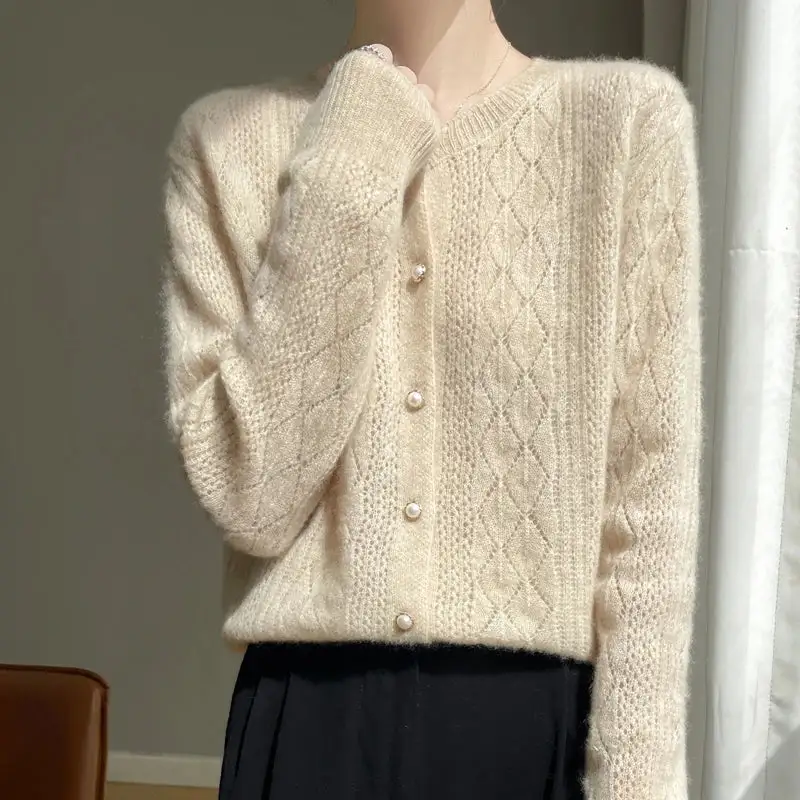 Merino-Wool Wool Pearl-Button Crew-Neck Cardigan