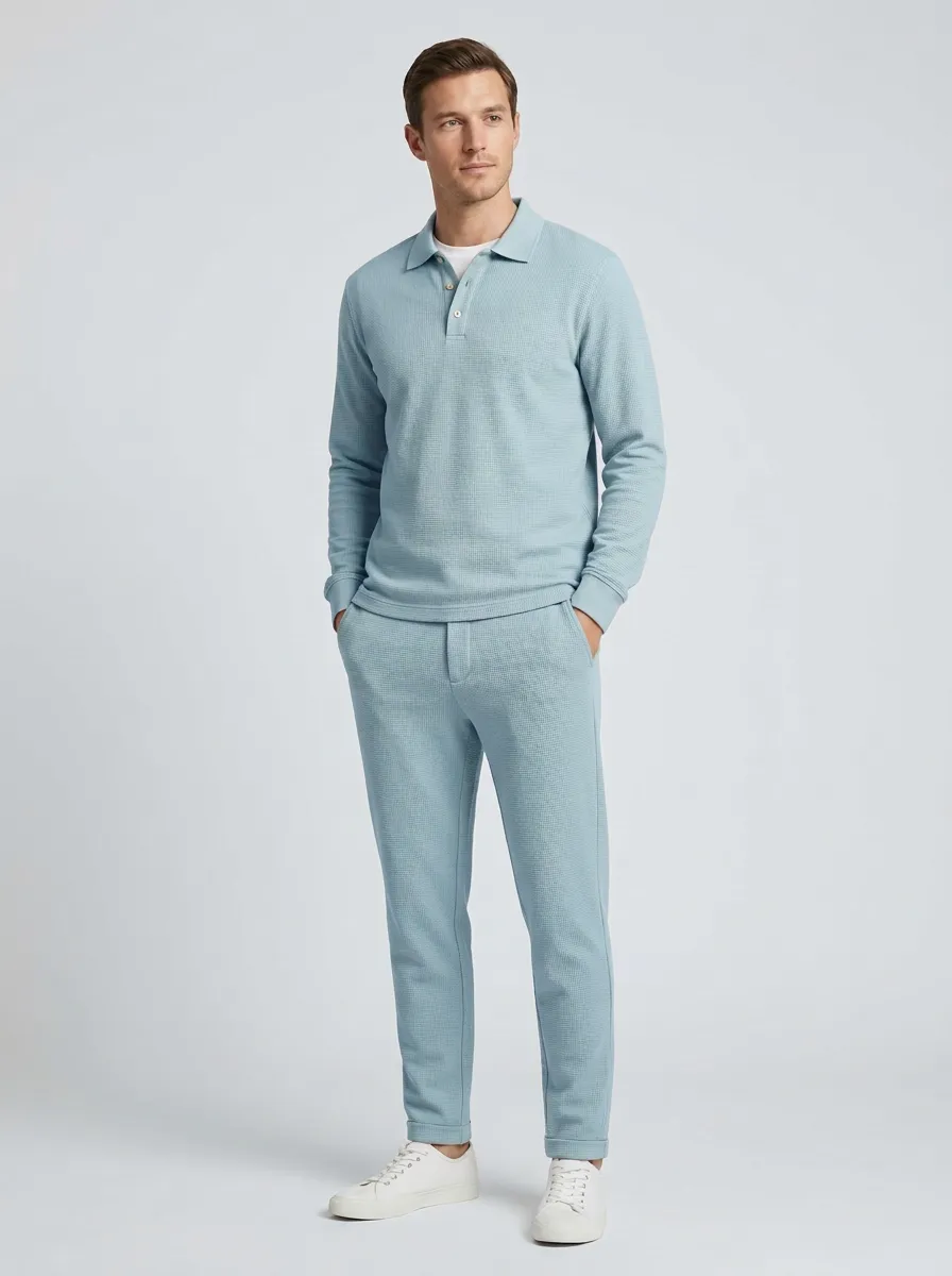 Men's Classic Waffle Textured Polo Collar Jacket and Jogger Pants Set