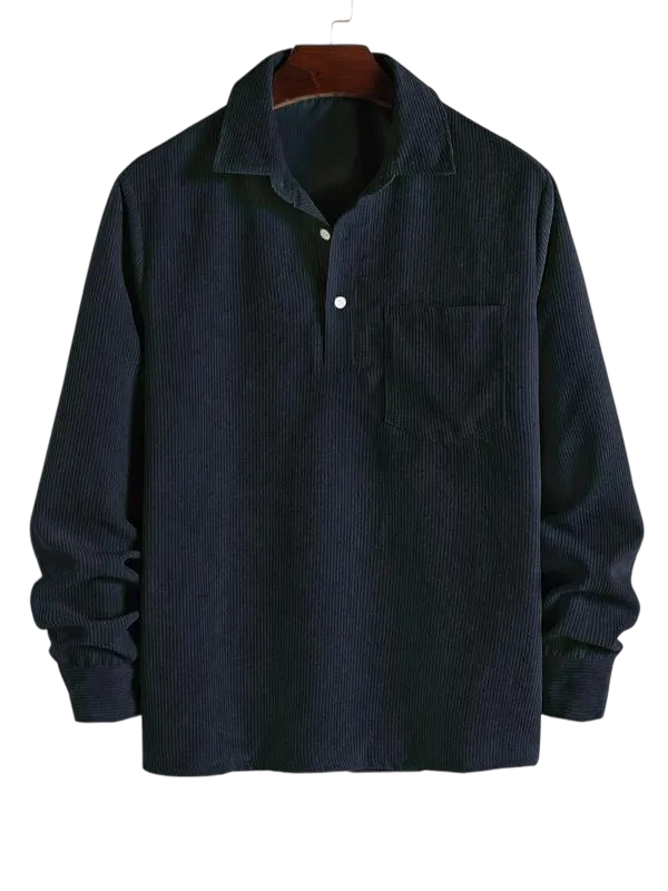Men's Plain Pocket Half Button Corduroy Shirt, Casual Comfy Regular Fit Long Sleeve Collared Top For Fall & Winter, Men's Clothes For Daily Wear