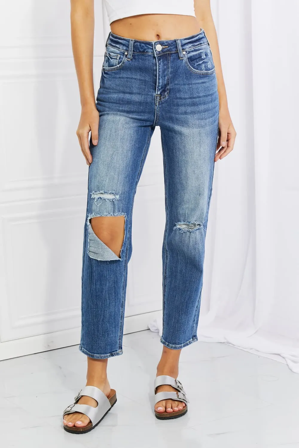 Pleated Straight Leg Denim Jeans