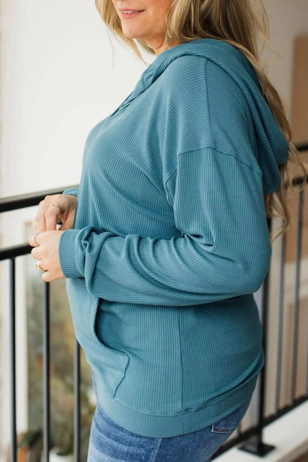 Solid Hooded Ribbed Relaxed Viscose Blend Long Sleeve Top