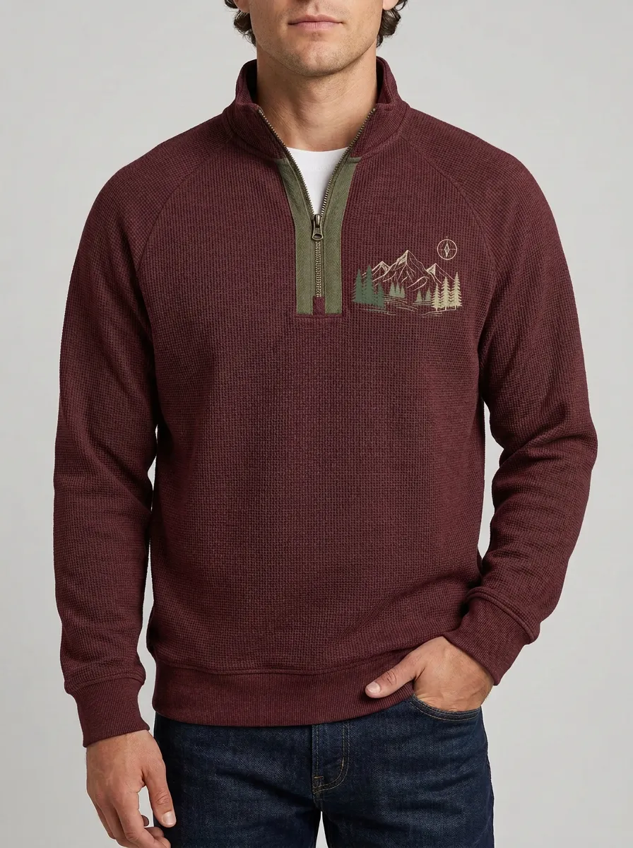 Men's Outdoor Mountain Forest Graphic Quarter-Zip-Neck Sweatshirt
