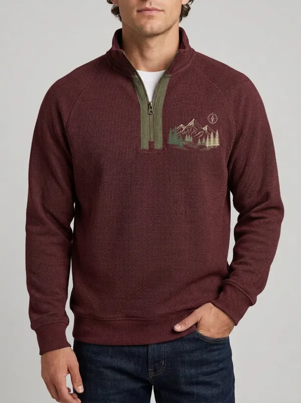 Men's Outdoor Mountain Forest Graphic Quarter-Zip-Neck Sweatshirt