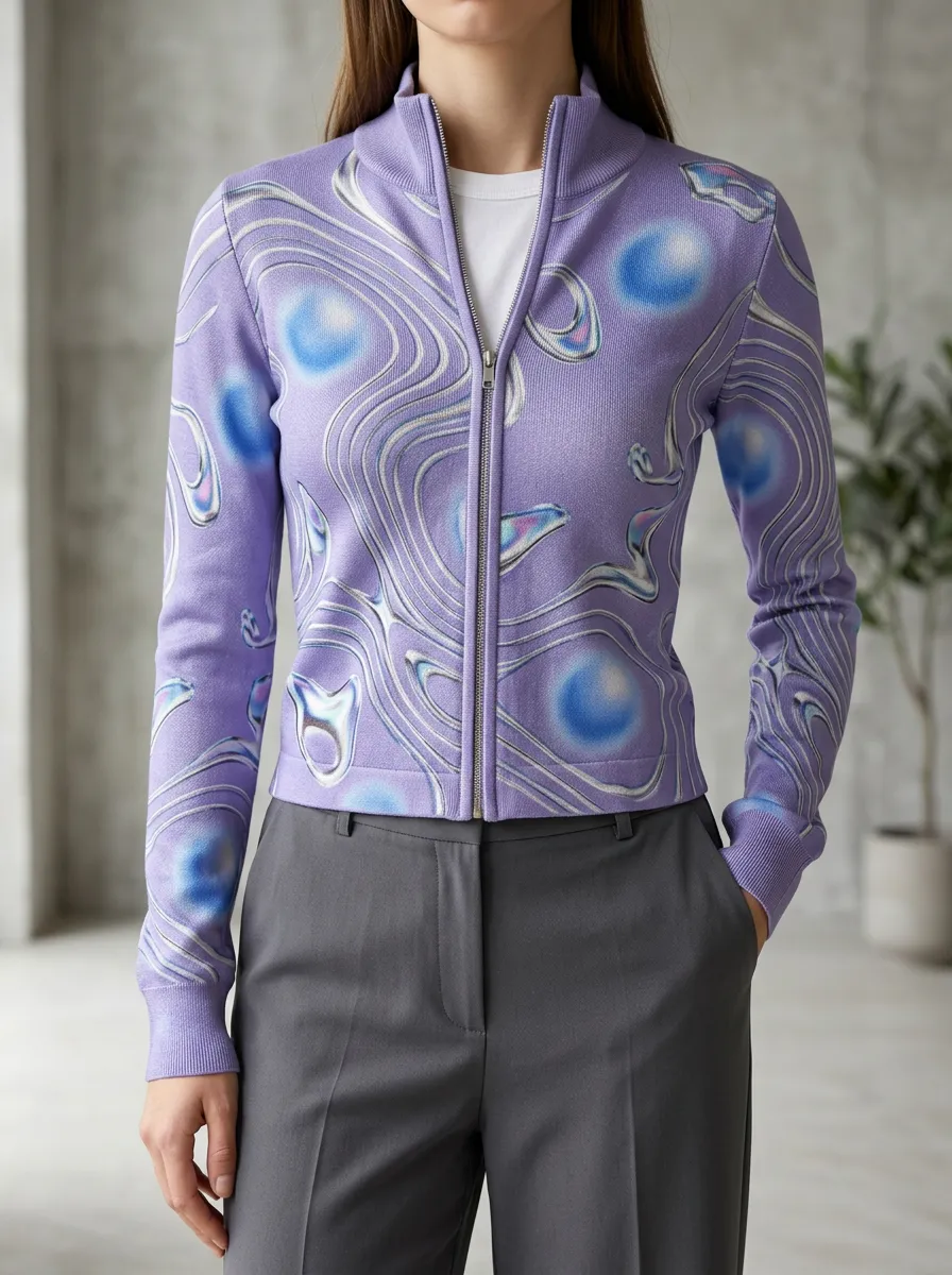 Women's Y2K Aesthetic Abstract Swirl Printed Zip-up Long Sleeve Casual Layering Cardigan