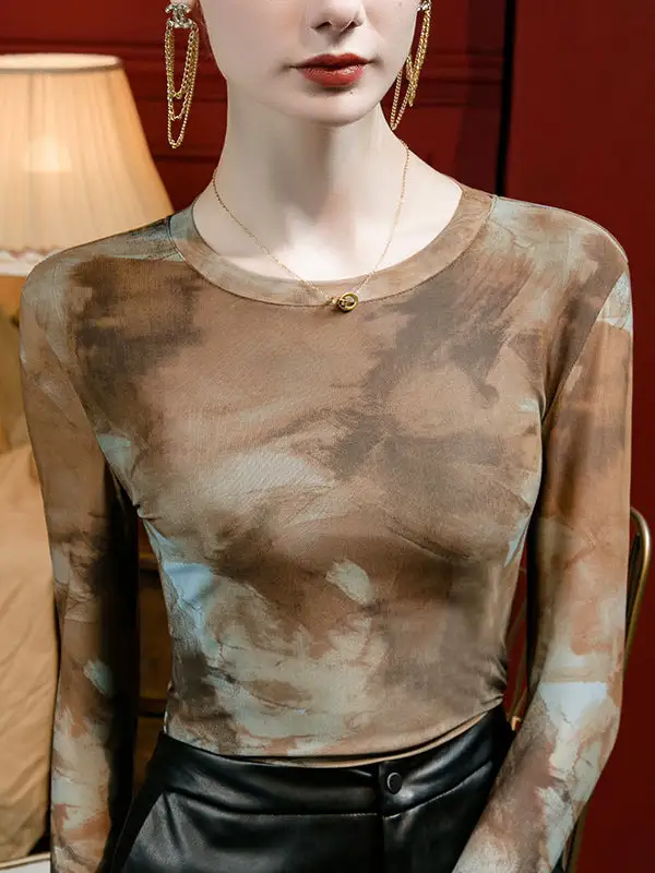 Long Sleeve Curve Fit Panel Detail Tie Dyed Round Neck T-Shirt