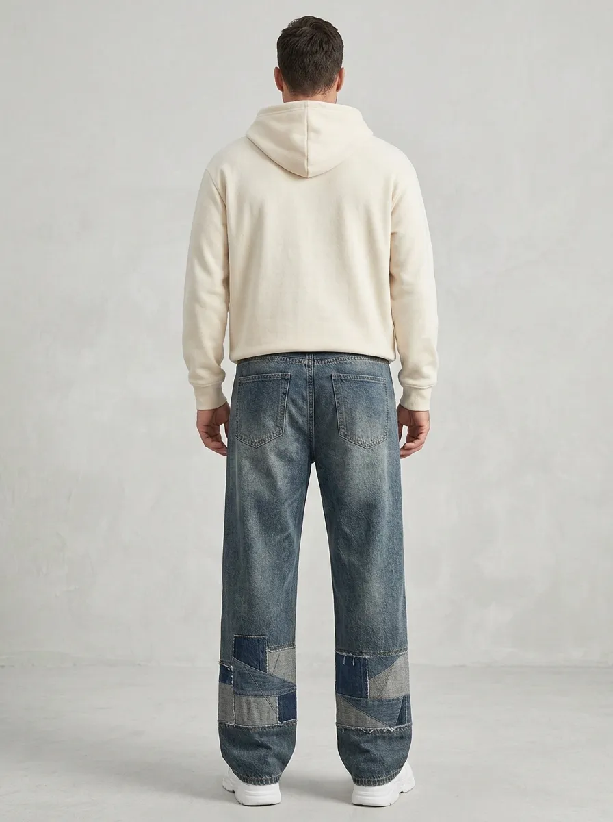 Wide Leg Vintage-Inspired Patchwork Men's Loose Fit Jeans