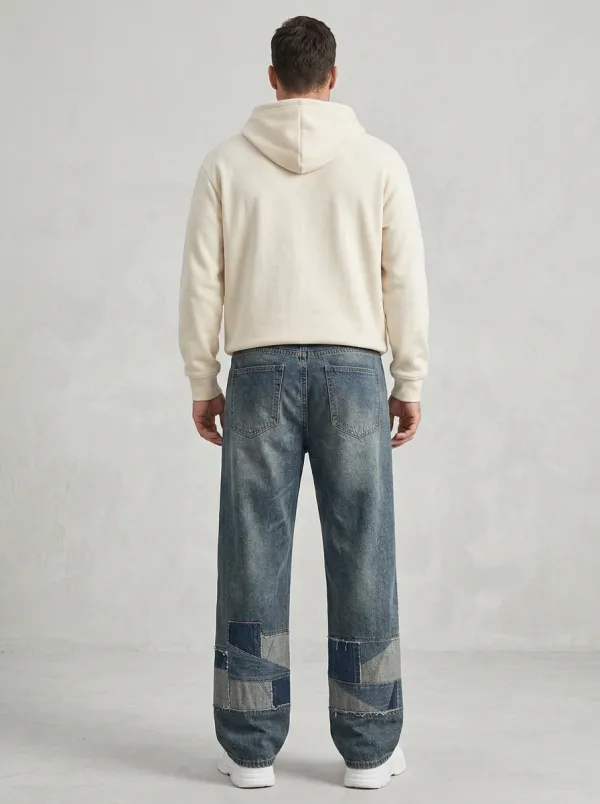 Wide Leg Vintage-Inspired Patchwork Men's Loose Fit Jeans