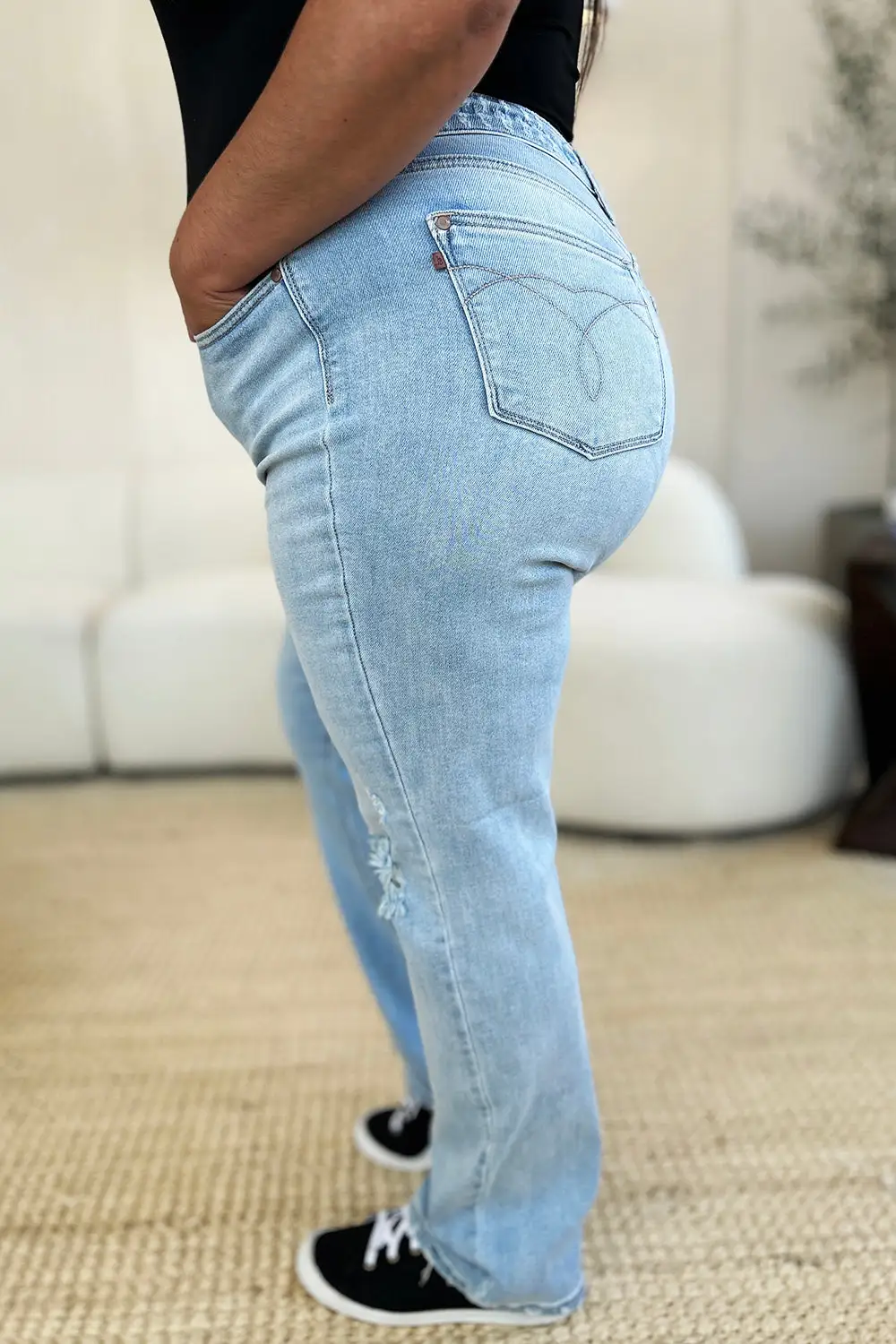 Modern High Waist Straight Leg Distressed Denim Jeans