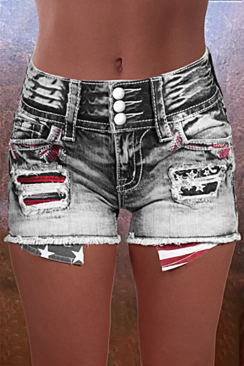 American Flag Patched Button Fly Raw Hem Denim Shorts