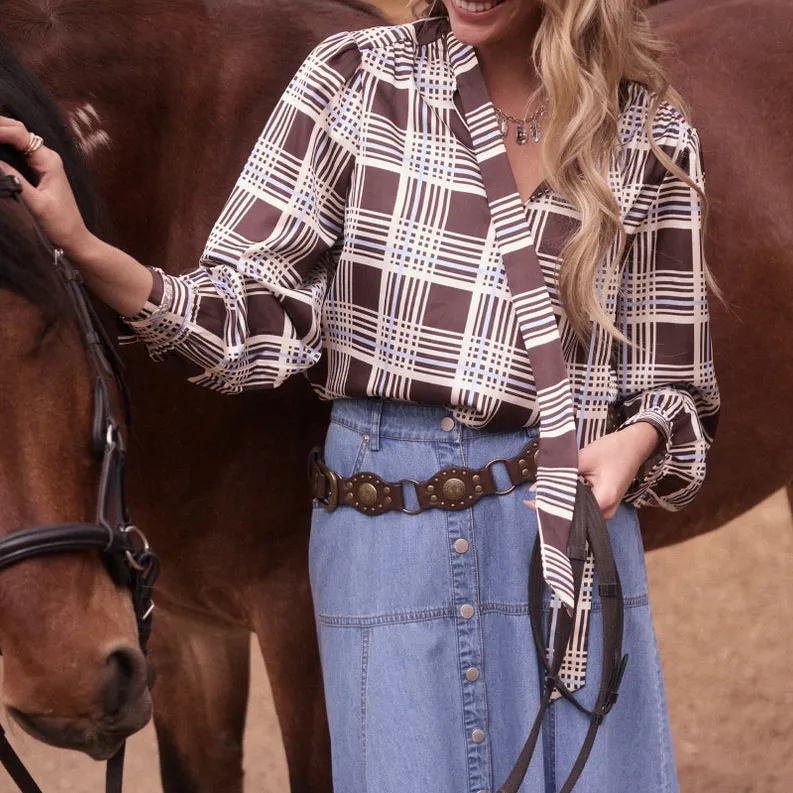 Plaid Tie Neck Blouse