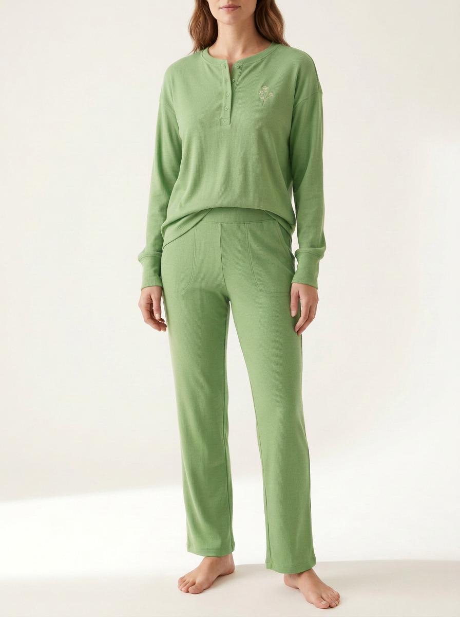 Women's Floral-Embroidered Ribbed Henley Curved-Pocket Lounge Set