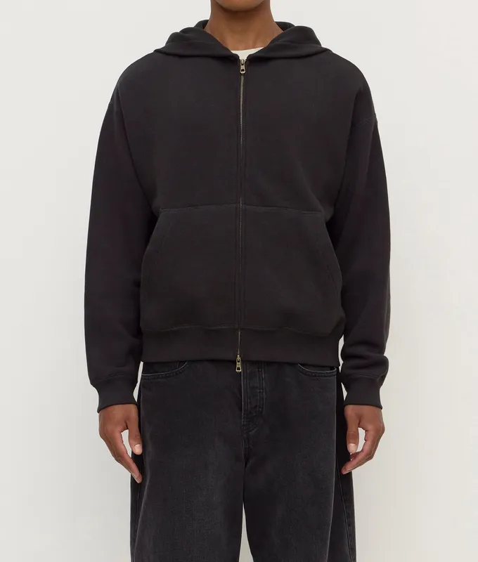 Washed Black Zip-Up Fleece Hoodie