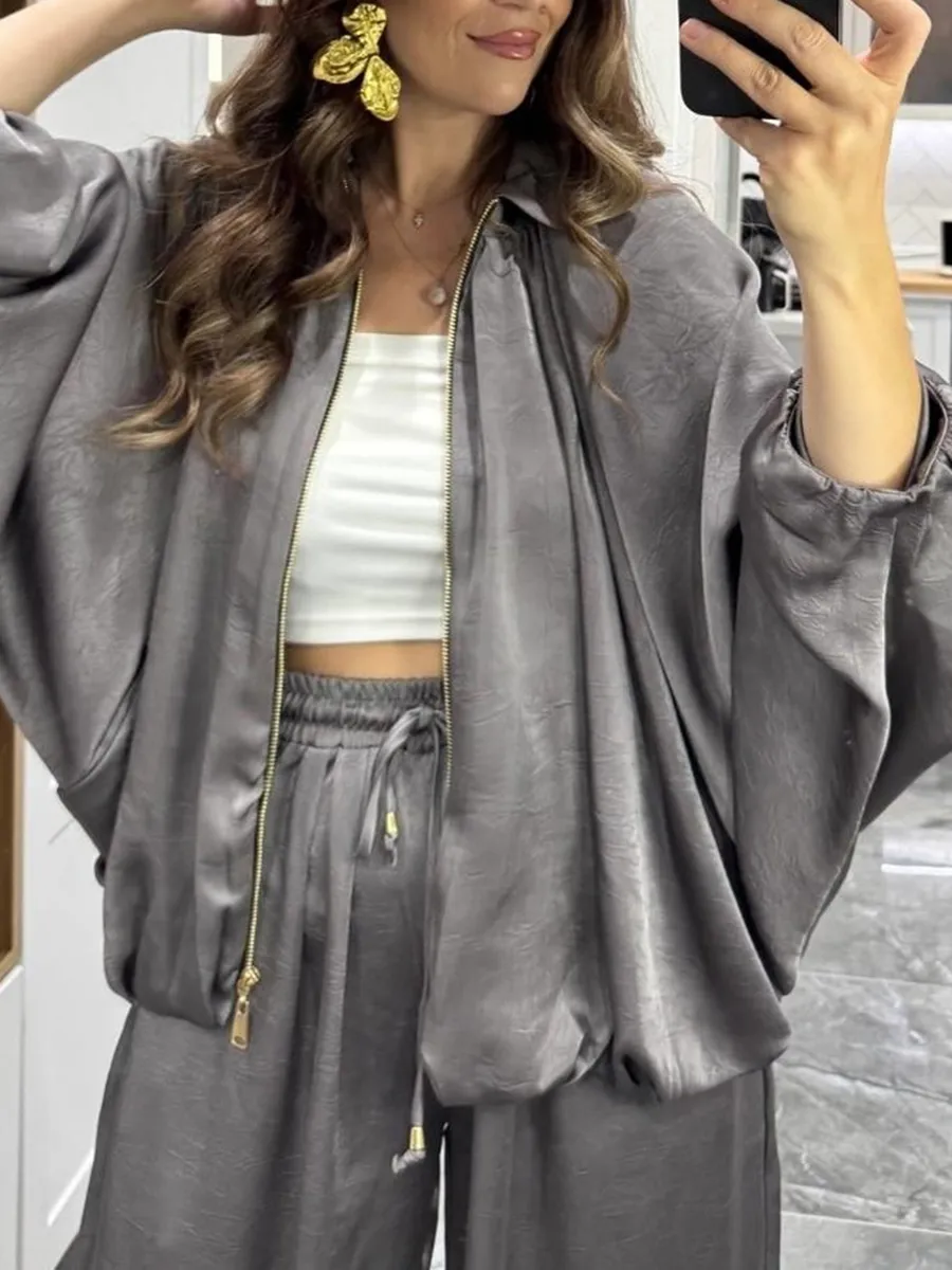 Women's solid color cross-section design casual zipper cardigan & pants set