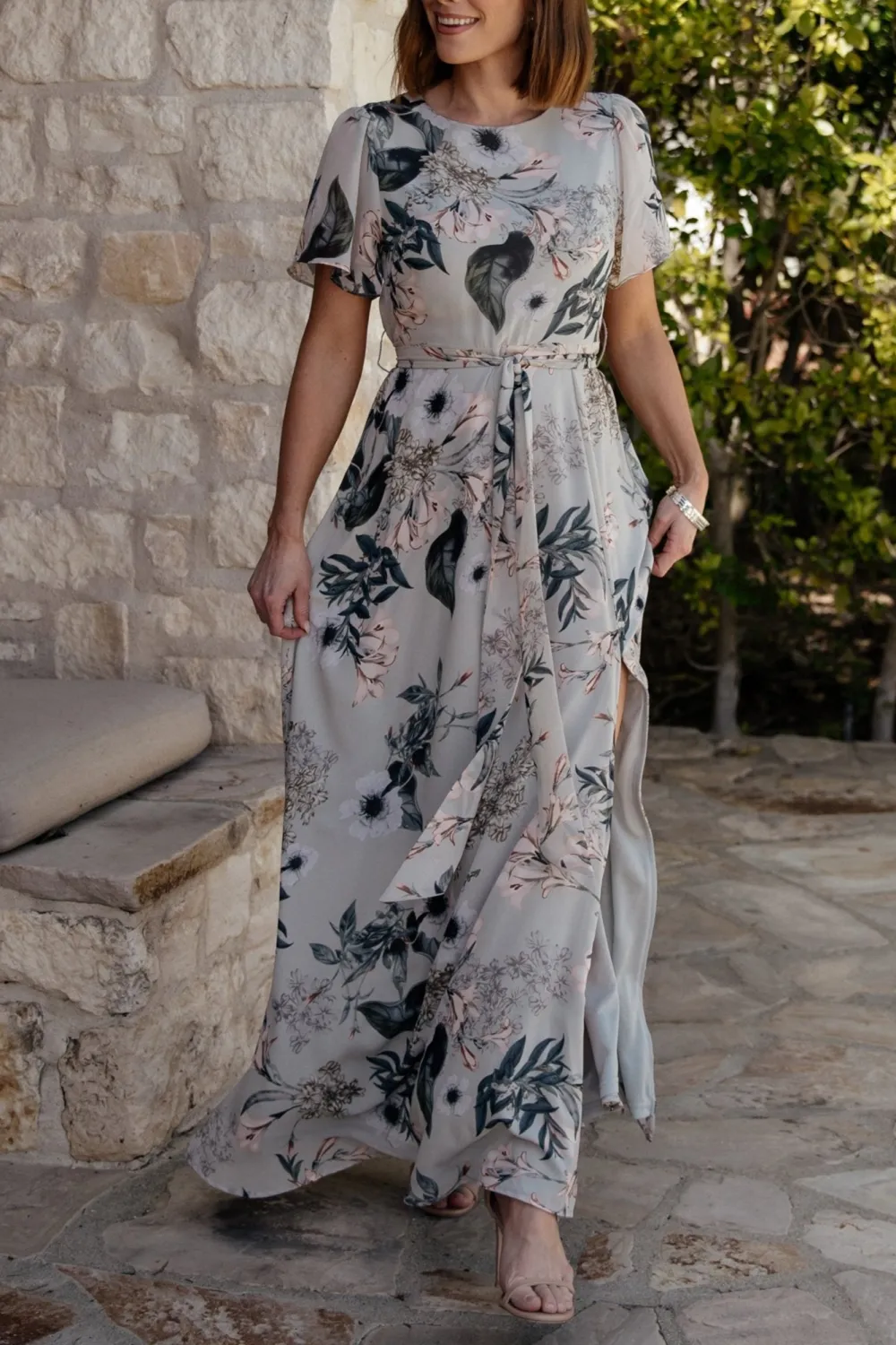 High-Waisted Versatile Slimming Round-Neck Floral Pattern Dress