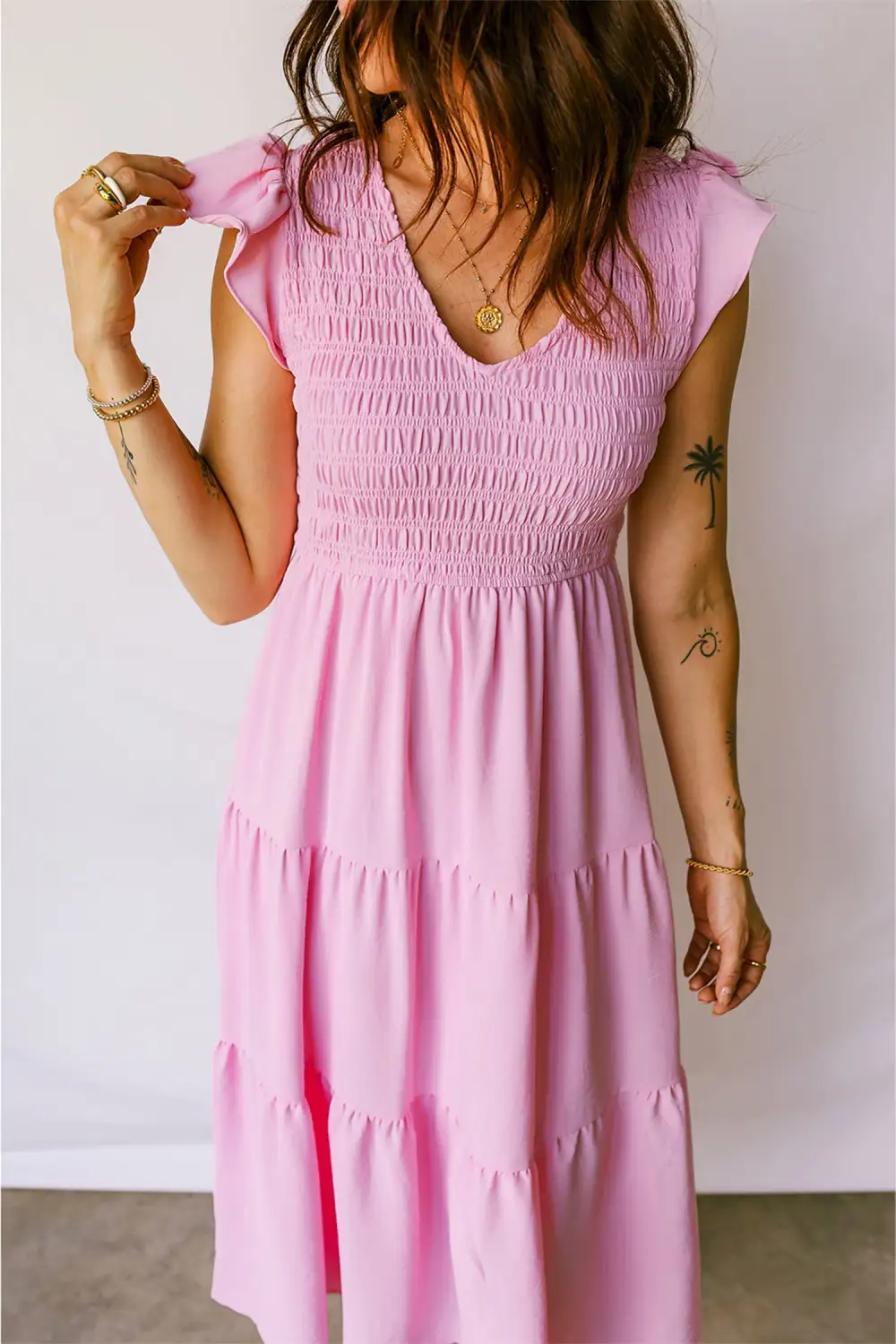 Smocked Bodice Flutter Sleeve Fit Flare Tiered Midi Dress