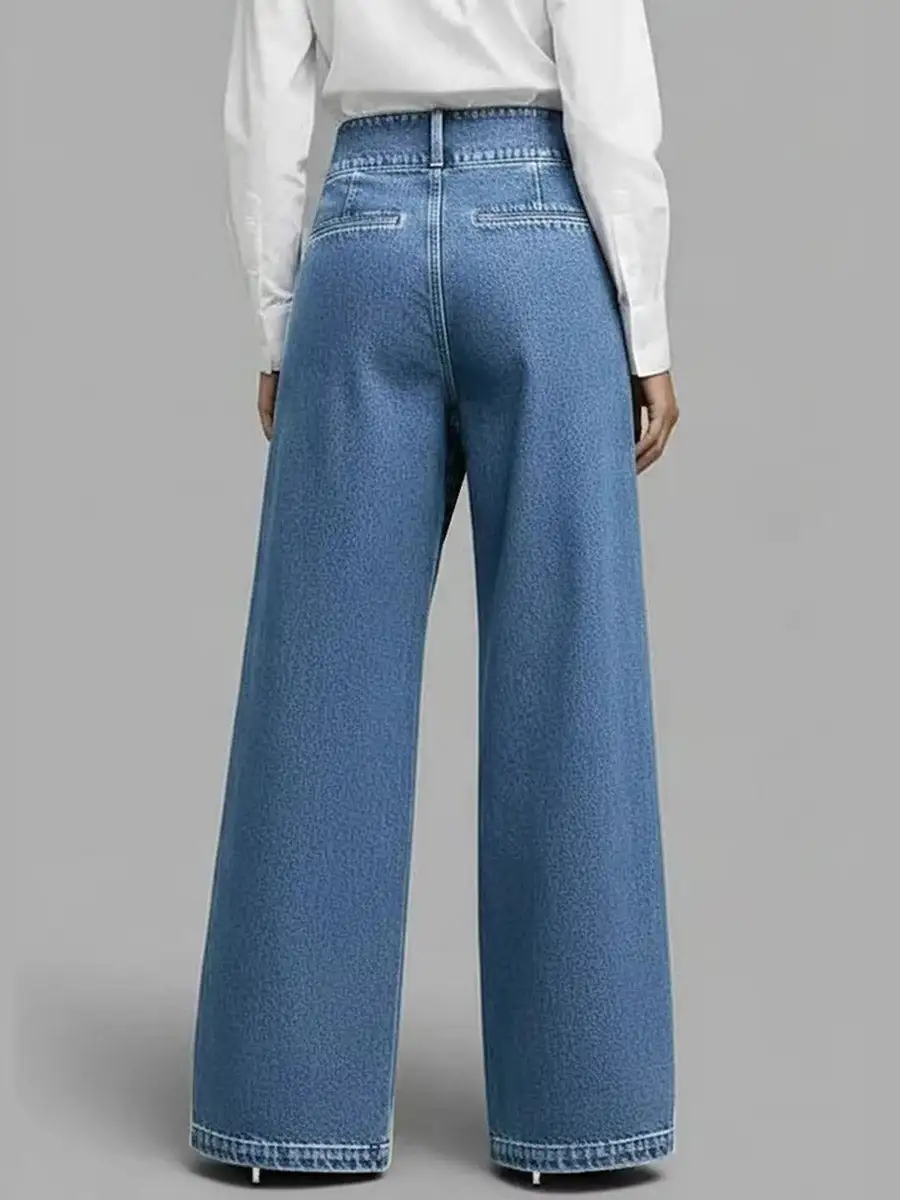 Minimal High Waist Relaxed Fit Wide Leg Asymmetric Seamed Lace-Up Detail Button Detail Pocket Jeans