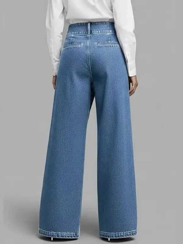 Minimal High Waist Relaxed Fit Wide Leg Asymmetric Seamed Lace-Up Detail Button Detail Pocket Jeans