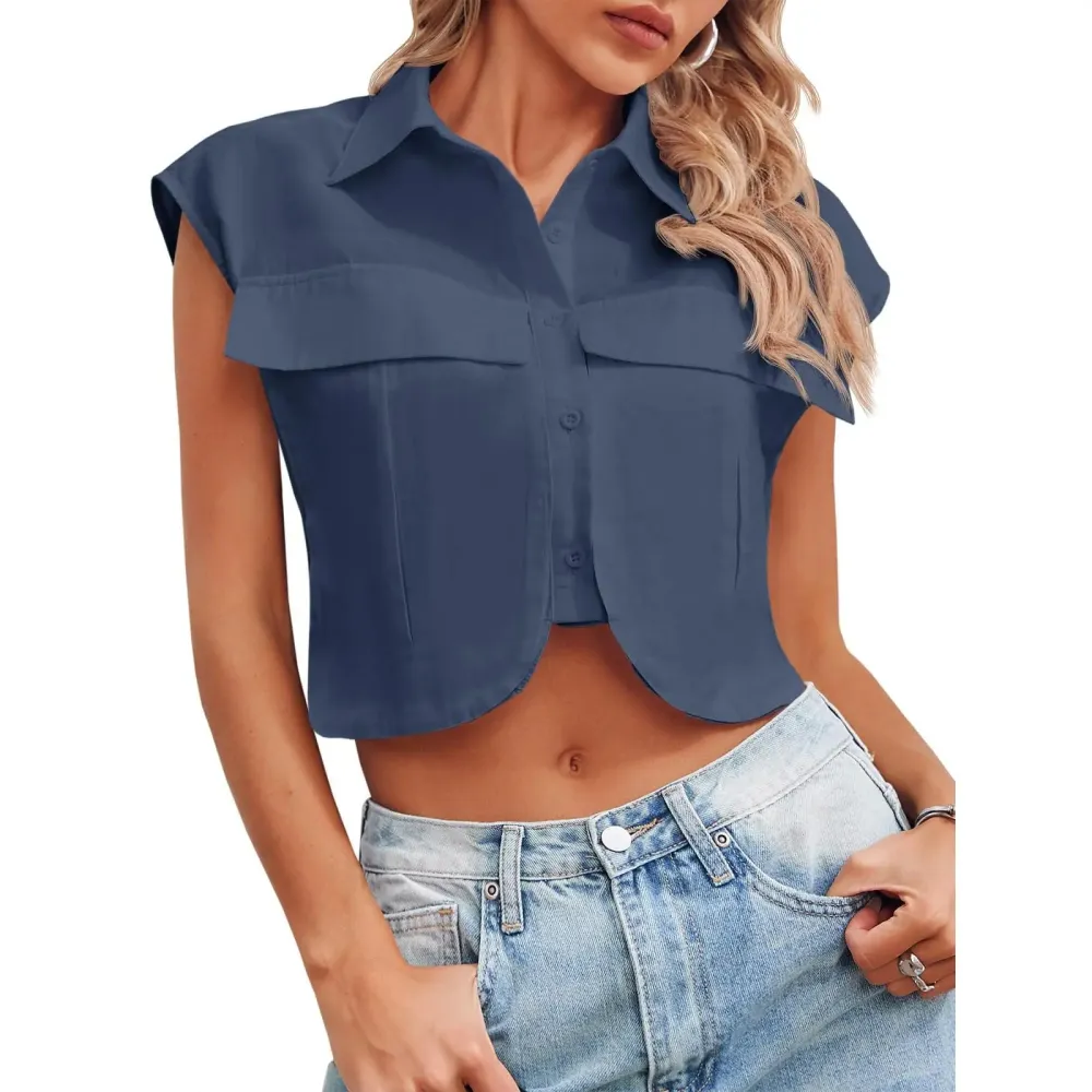 Womens Button Down Shirts Cute Summer Cap Sleeve Crop Tops