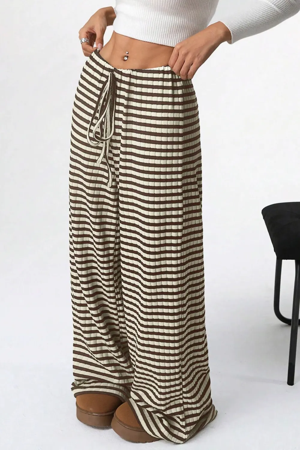 Striped Drawstring Cotton Straight Leg Pants