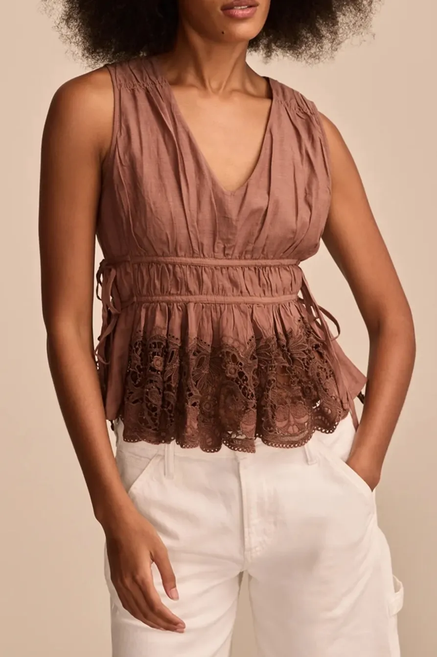Deep V Neck Lace Ruched Tank Top