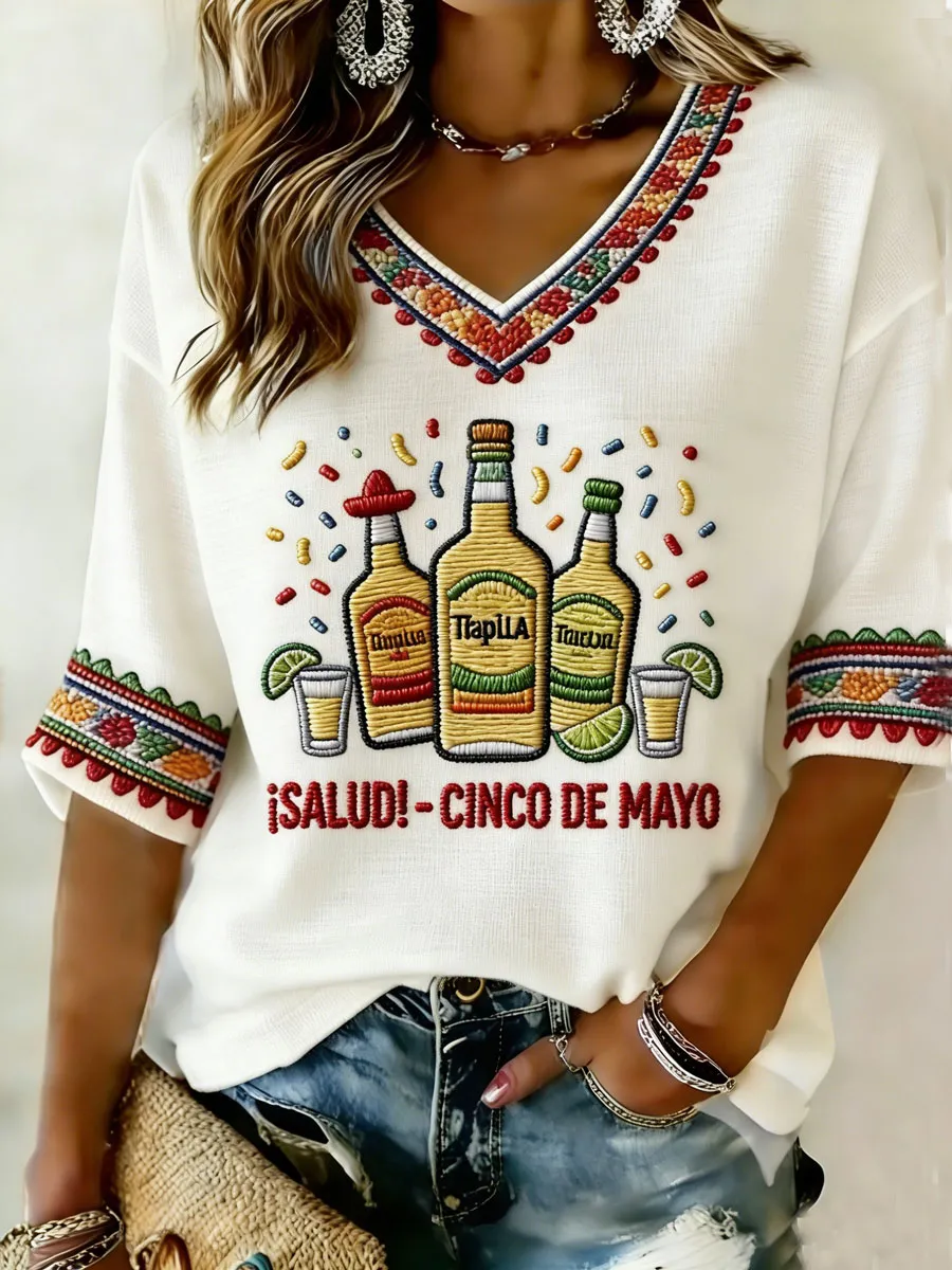 Women'S Cotton Linen Cinco De Mayo Floral Top