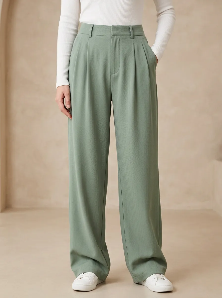 Women's Minimalist Pleated Wide-Leg Casual High-Rise Waist Integrated Belt Loops Pants