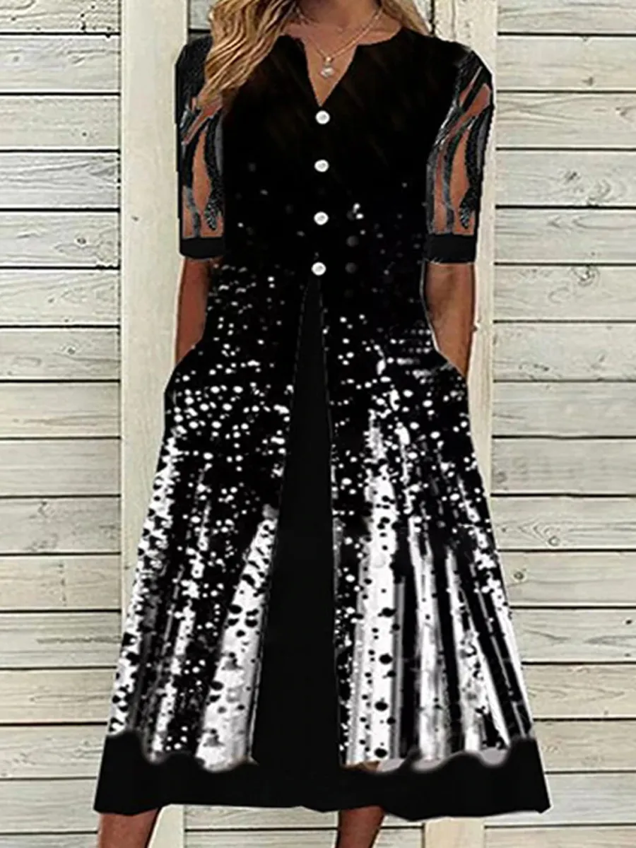 V-neck Casual Loose Gradient Print Short Sleeve Midi Dress