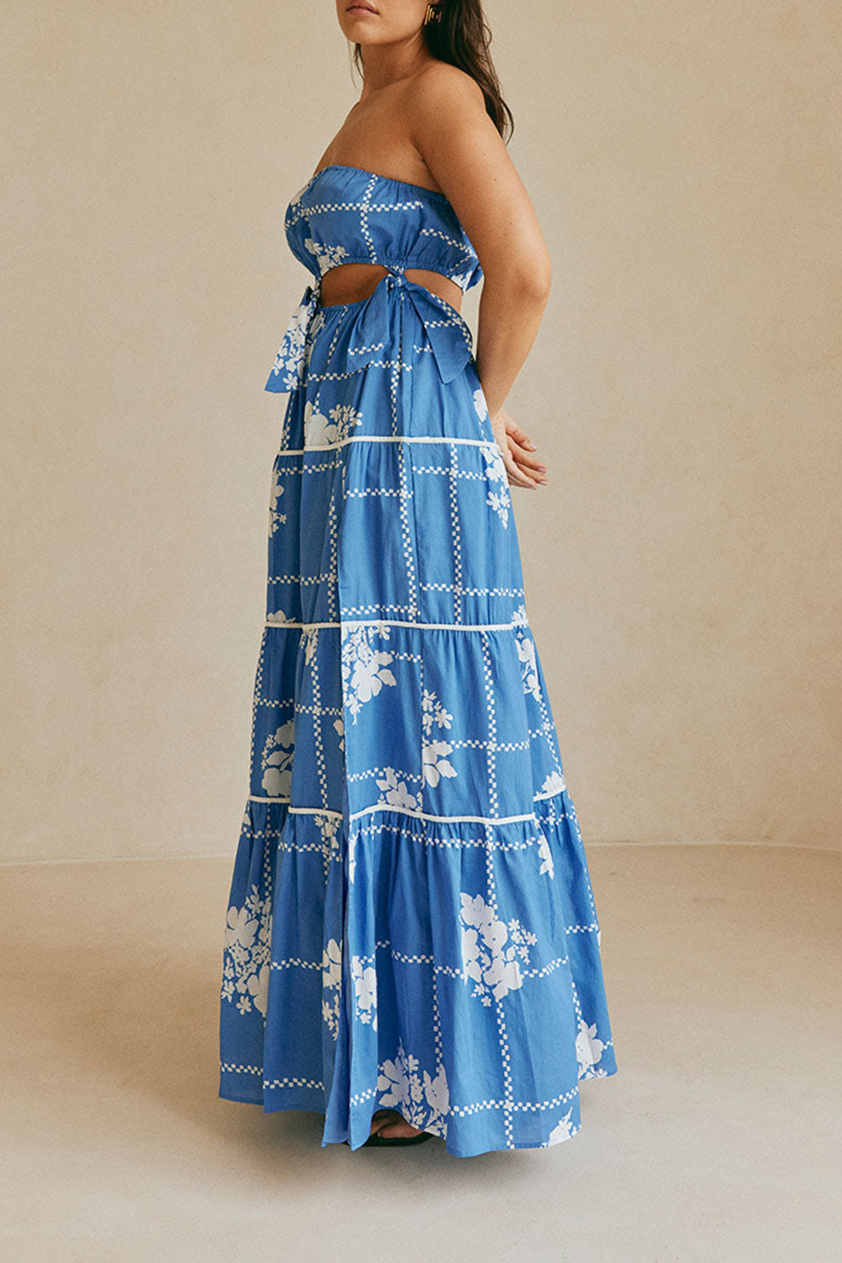 Strapless Tiered Floral Print Maxi Dress