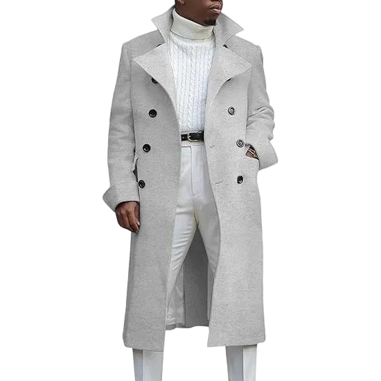 Men's Notch Lapel Double Breasted Long Trench Coat Casual Cotton Blend Peacoat