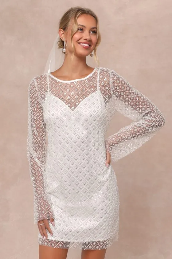 Glowing Charisma White Sequin Pearl Mesh Long Sleeve Mini Dress