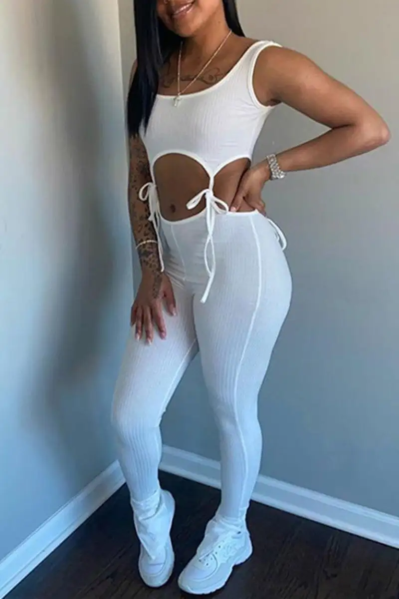 Sexy Casual Solid Hollowed Out Strap Design U Neck Skinny Jumpsuits