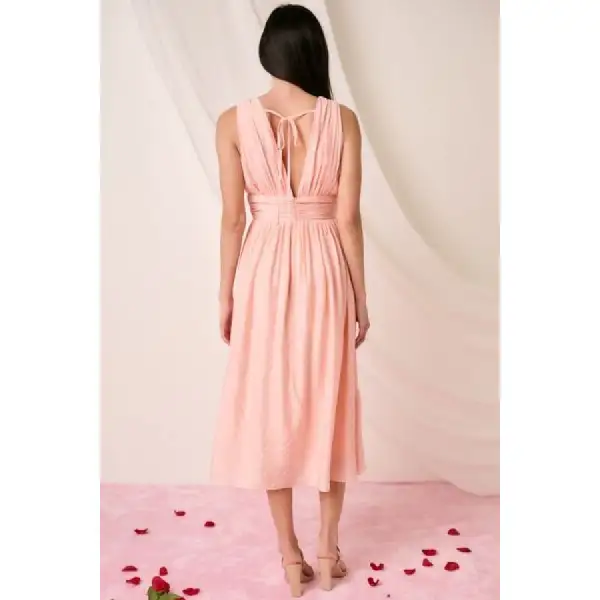 Ruched V-Neck Sleeveless Midi Dress