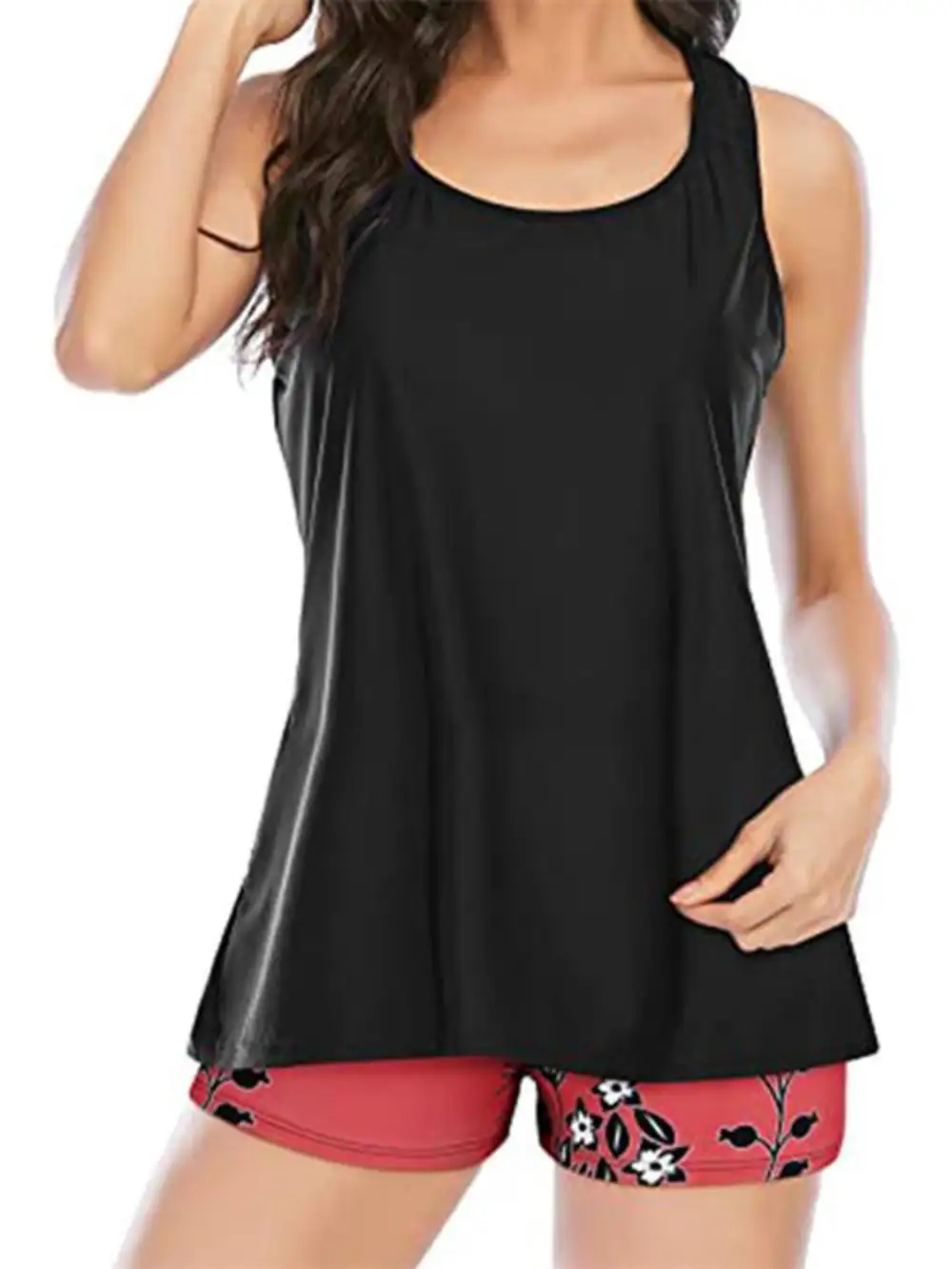 Panel Detail Printed Round Neck Three Swimsuit